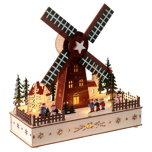 Spieluhr, Weihnachtsmühle, mit Bewegung, Holz FSC 100 %, warmweiße LEDs – Höhe 30 cm 3