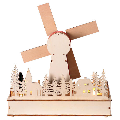 Christmas windmill music box, colourful 100% FSC wood, motion and warm white LEDs, 12 in 4