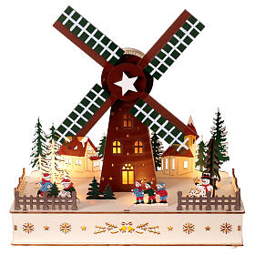 Caixa de música moinho de madeira colorido 100% FSC movimento LEDs brancos quentes 30 cm