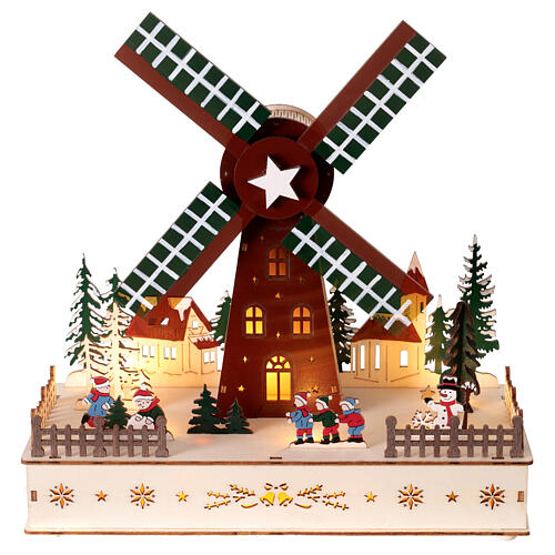 Colored Wood Windmill Music Box FSC 100% Movement Warm White LEDs 30 cm 2