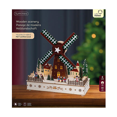 Colored Wood Windmill Music Box FSC 100% Movement Warm White LEDs 30 cm 5