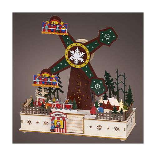 Boîte à musique manège flocon de neige bois coloré 100% FSC mouvement LEDs blancs chauds 30 cm 1