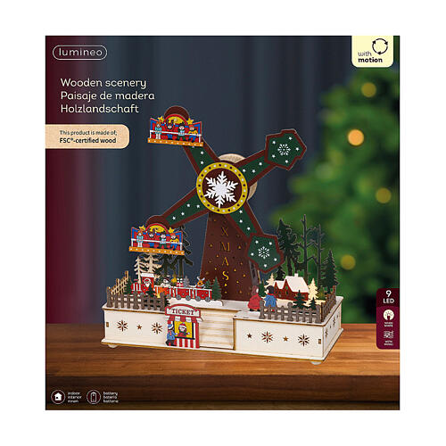 Carrossel flocos de neve de madeira colorida 100% FSC movimento e LEDs brancos quentes 30 cm 3