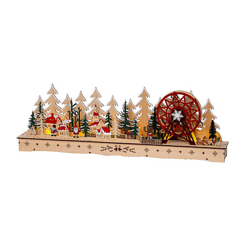 Mountain landscape music box and big wheel, colourful 100% FSC wood, movement and warm white LEDs, 10x32 in 3