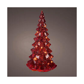 Red glass Christmas tree with 15 warm white LEDs, 8 in, indoor use