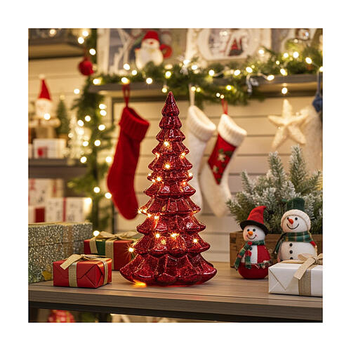 Red glass Christmas tree with 15 warm white LEDs, 8 in, indoor use 2