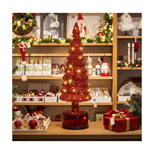 Sapin pivotant verre rouge 15 LEDs blanc chaud 35 cm intérieur 2