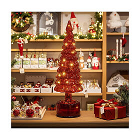 Albero rotante vetro rosso 15 LED bianco caldo 35 cm uso interno