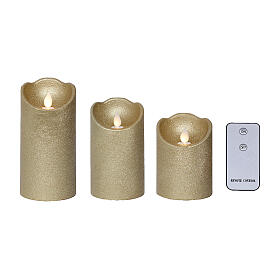 Set of 3 LED flickering golden wax candles, 6x3 in, warm white light