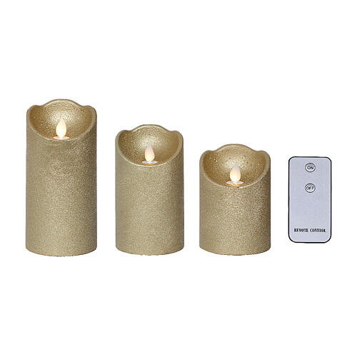 Tres velas LED cera dorada parpadeante 15x7cm blanco cálido 2