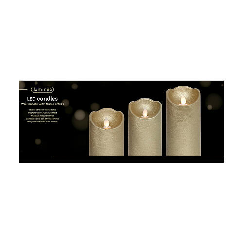 Tres velas LED cera dorada parpadeante 15x7cm blanco cálido 3