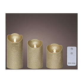 Set of three flickering golden wax LED candles 15x7cm warm white