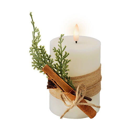 Decorated white wax candle with warm white flickering LED, 5x3 in 2