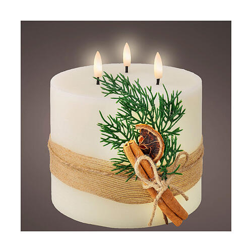 Candela tre stoppini LED cera bianca decorata tremolante 15x15cm bianco caldo 1