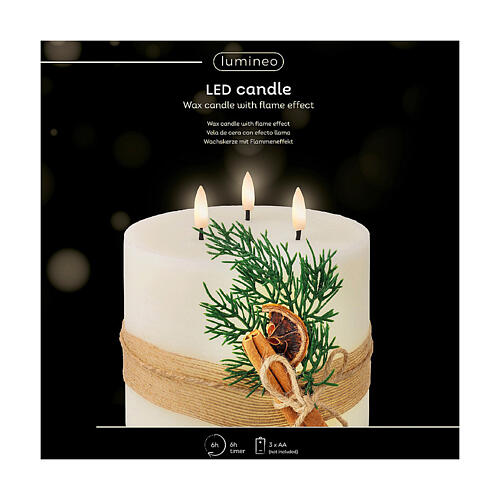 Candela tre stoppini LED cera bianca decorata tremolante 15x15cm bianco caldo 3