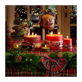 Red wax LED candle with checkered fabric bow, 5x3 in, warm white