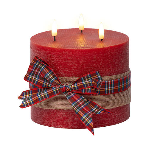 Red three wick LED candle decorated with ribbon, flickering warm white light, 6x6 in 2