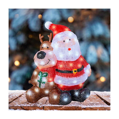 Papá Noel y reno LED blanco frío acrílico 40x35 cm 2