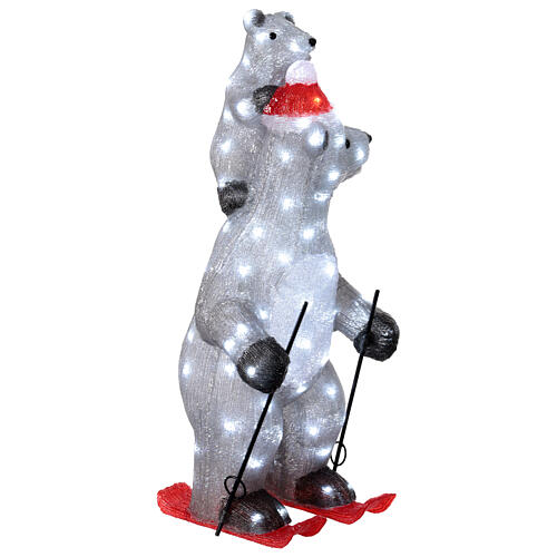 Eisbär mit Bärchen auf Skiern, Acrylfigur, 70 × 30 cm, 100 LEDs, kaltweiß, innen/außen 6