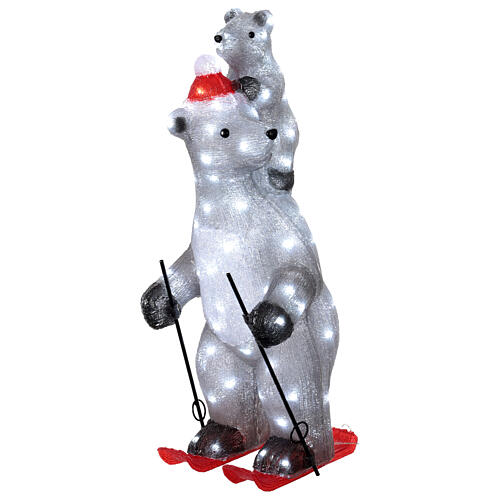 Polar bear with cub on skis, acrylic statue with cold white LEDs, 28x12 in 2