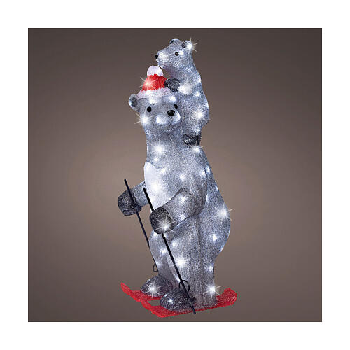 Ours polaire avec ourson sur skis acrylique lumière LED blanche froide 70x30 cm 1