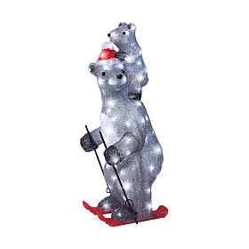 Orso polare con orsetto su sci acrilico LED luce bianca fredda 70x30 cm