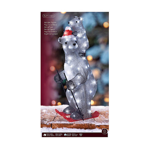 Orso polare con orsetto su sci acrilico LED luce bianca fredda 70x30 cm 3