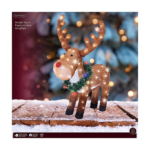 Rena com coroa de Natal em acrílico luz LED branca fria 60x45 cm 3