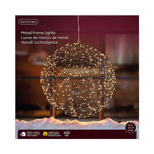 Metalowa kula z mikro-LED - stałe złote światło, 30 cm, dekoracja do wnętrz i na zewnątrz 3