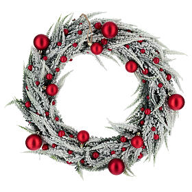 Couronne enneigée avec boules de Noël rouges pour intérieur 40 cm