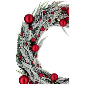 Couronne enneigée avec boules de Noël rouges pour intérieur 40 cm