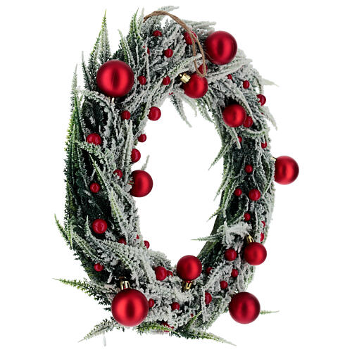 Couronne enneigée avec boules de Noël rouges pour intérieur 40 cm 3