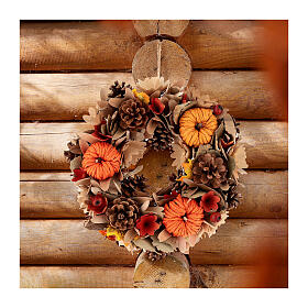 Ghirlanda decorazioni legno, pigne e zucca di carta diam. 30 cm