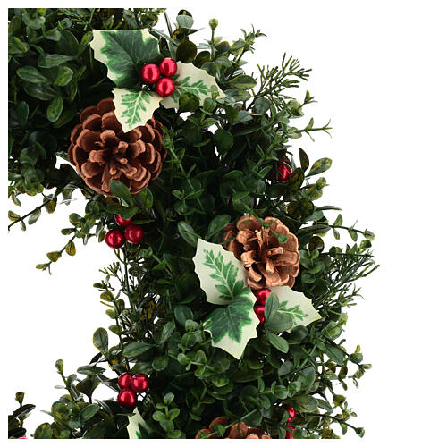 Corona Adviento con ramas de acebo y piñas diámetro 40 cm 2