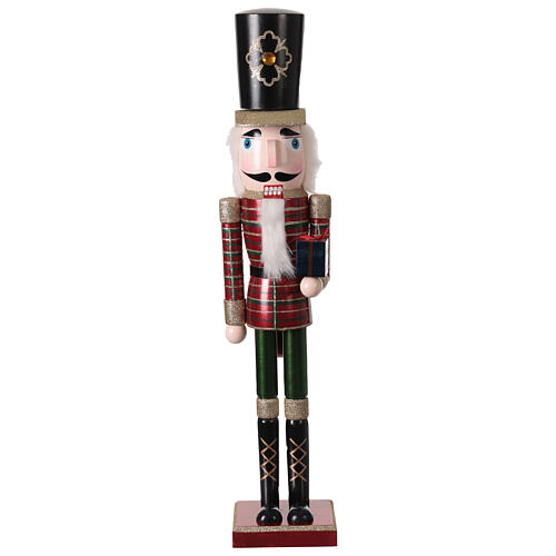 Checkered attire nutcracker with gift in 100% FSC pine wood, 30 in 1