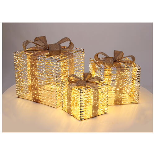 LED-Geschenkboxen – 3er-Set – 30×30 / 40×40 / 50×50 cm – Warmweiß – Innen/Außen – Gold 1