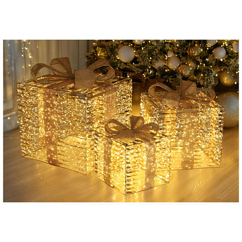 Figura świetlna LED - zestaw 3 paczek prezentów bożonarodzeniowych 30-40-50 cm, zasilanie sieciowe, LED biały ciepły, do wewnątrz i na zewnątrz 2