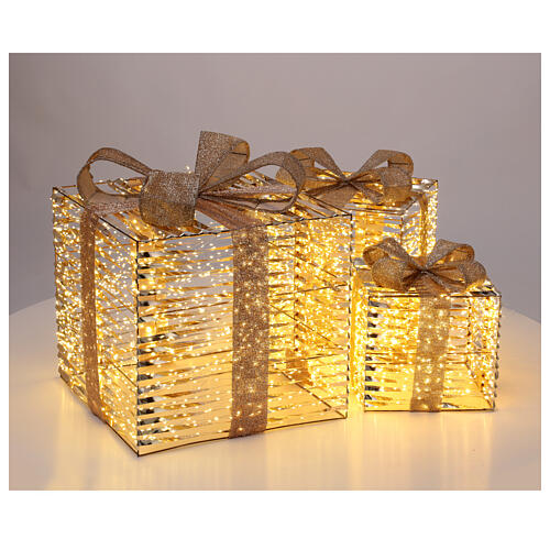 Figura świetlna LED - zestaw 3 paczek prezentów bożonarodzeniowych 30-40-50 cm, zasilanie sieciowe, LED biały ciepły, do wewnątrz i na zewnątrz 3