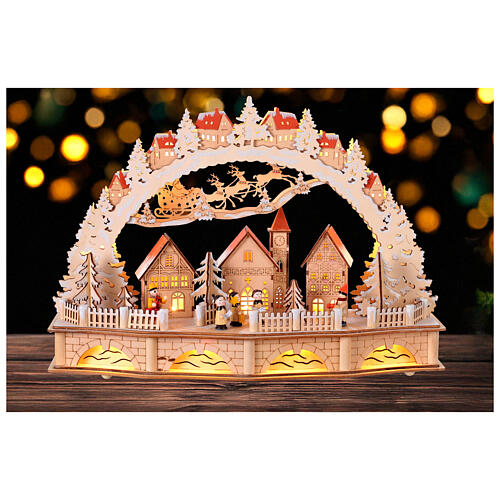 Battery-operated Christmas village arch with warm white LEDs, 12x18x5 in, wood 2