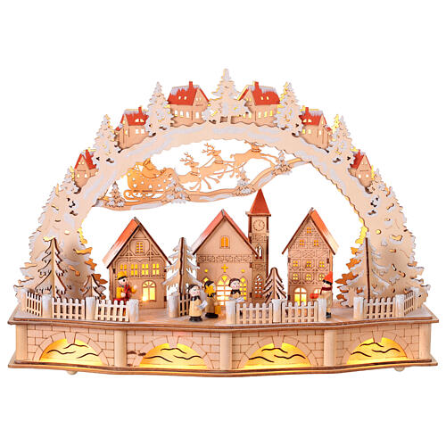 Pueblo navideño en forma de arco a pilas LED blanco cálido 30x45x12cm madera 1