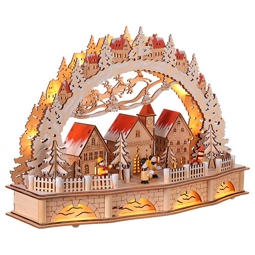 Pueblo navideño en forma de arco a pilas LED blanco cálido 30x45x12cm madera 5