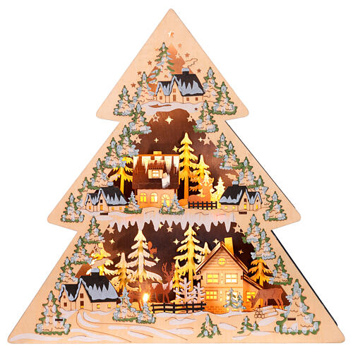 Christmas village, wooden LED illuminated tree, 17x17x3 in, battery operated 1