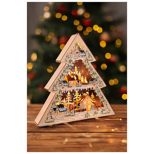 Christmas village, wooden LED illuminated tree, 17x17x3 in, battery operated 2
