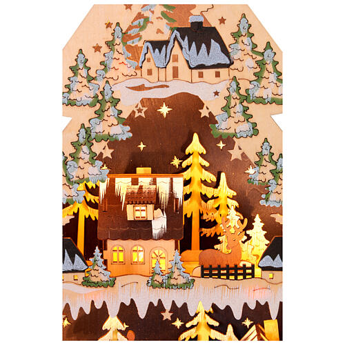 Christmas village, wooden LED illuminated tree, 17x17x3 in, battery operated 3