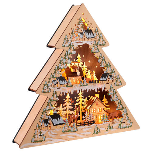 Pueblo Navideño en forma de árbol de madera iluminado LED 45x45x7cm a pilas 5