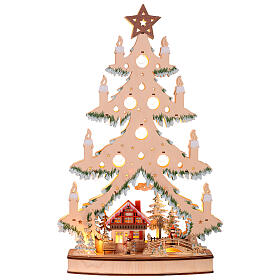 Wooden Christmas tree with miniature village, battery-operated LED lights, 16x16x3 in