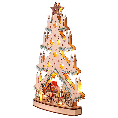 Wooden Christmas tree with miniature village, battery-operated LED lights, 16x16x3 in 4