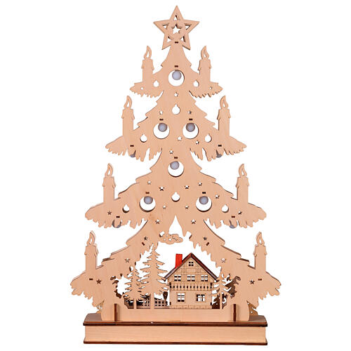 Wooden Christmas tree with miniature village, battery-operated LED lights, 16x16x3 in 6