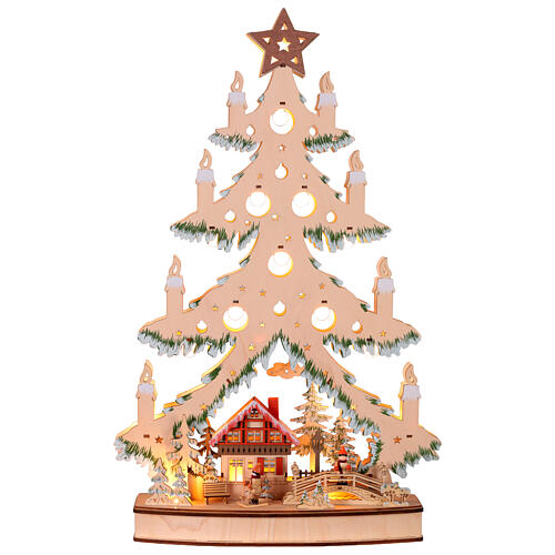 Árbol de Navidad madera iluminado LED con aldea navideña 65x40x8cm pilas 1