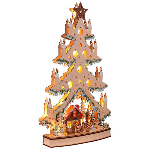 Árbol de Navidad madera iluminado LED con aldea navideña 65x40x8cm pilas 5